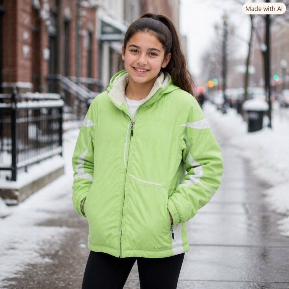 L.L. Bean Girls Ski Jacket Green White Thinsulate Hooded L 14-16